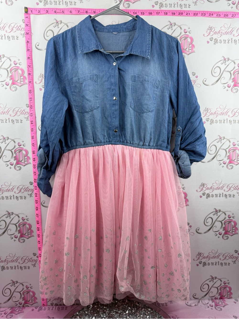 Dress tutu hem sparkly hearts cute babydoll Denim Top Pink Tulle Dress